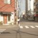 a woman walking down a street next to a traffic light